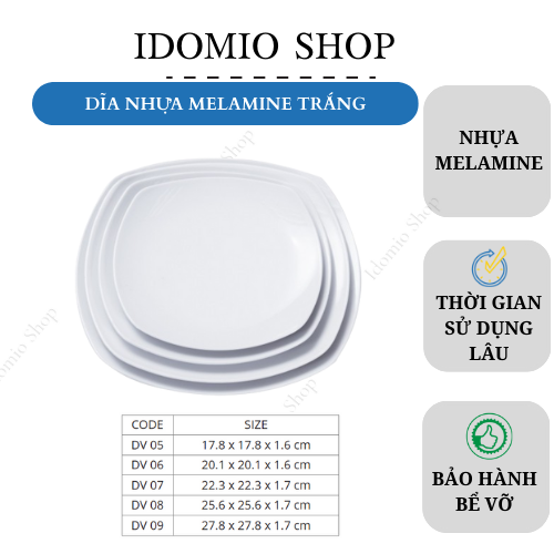 Dĩa Nhựa Vuông Melamine Màu Trắng