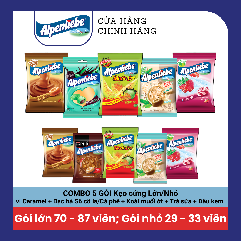 COMBO Kẹo cứng Alpenliebe đậm vị sữa béo hương Caramel Dâu sữa Trà sữa và kẹo cứng có nhân Xoài muối