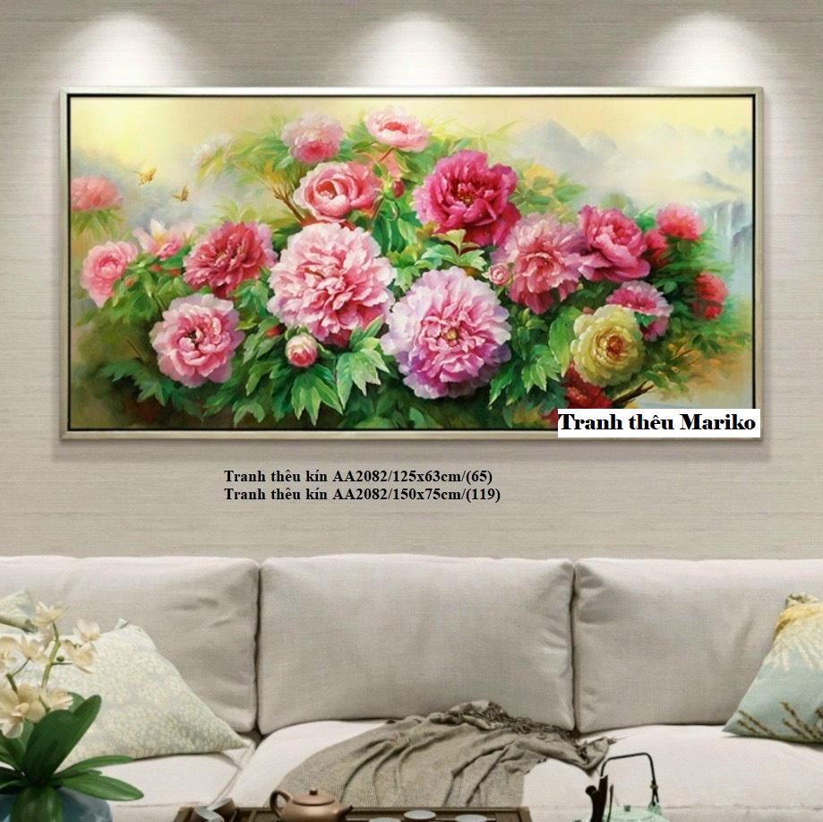 Tranh thêu kín Hoa Mẫu Đơn AA2082 kích thước 125 x 63 cm