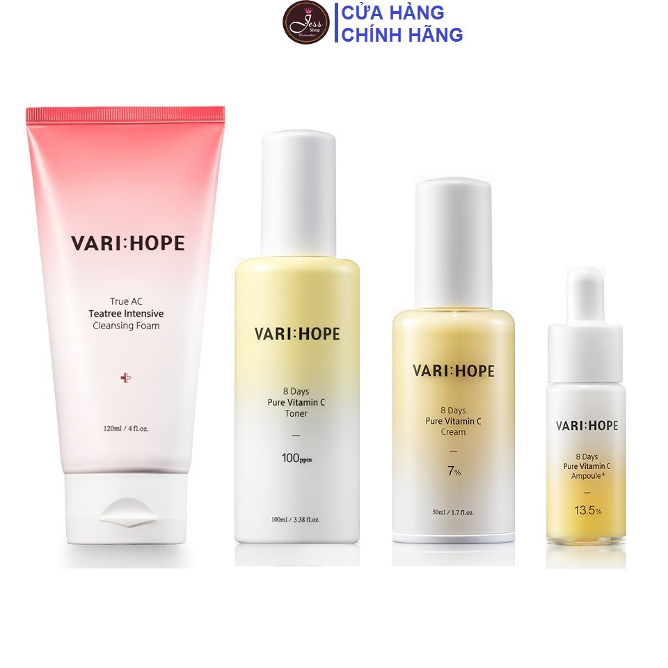 Bộ 4 Sản Phẩm Làm Sáng Da Mờ Thâm Varihope 8 Days Pure Vitamin C(Srm 120Ml + Toner 100Ml + Serum 15Ml + Kem Dưỡng 50Ml)