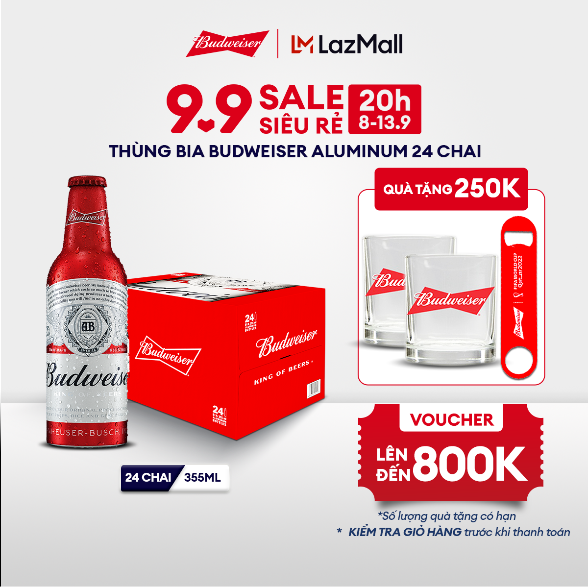 [20h 8.9 - 13.9 VC ĐẾN 100K+FS] Thùng 24 Chai Bia Budweiser Aluminum (355ml/chai)