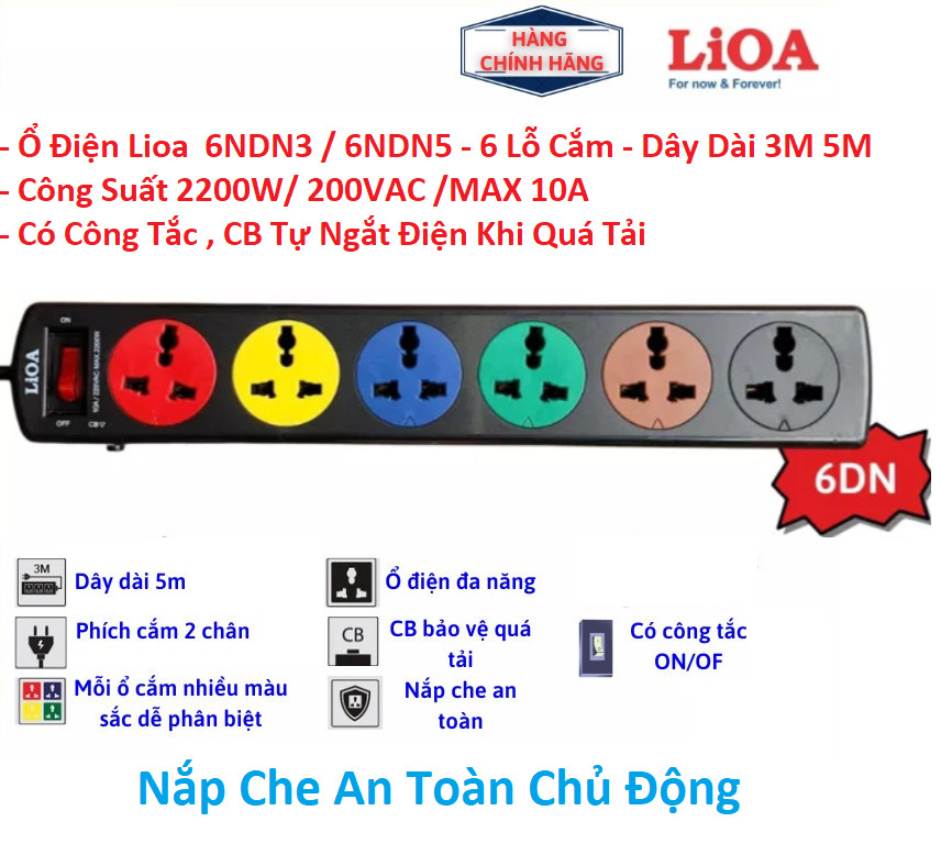Ổ cắm điện LIOA 3 Lỗ Kéo Dài Thông Minh 3TN3 / 4TN3 / 3TSN / 3NDN  dây dài 5m 3m - Loại Công Suất Tối Đa 1100W - 2200W / 220VAC Max 5A / 10A