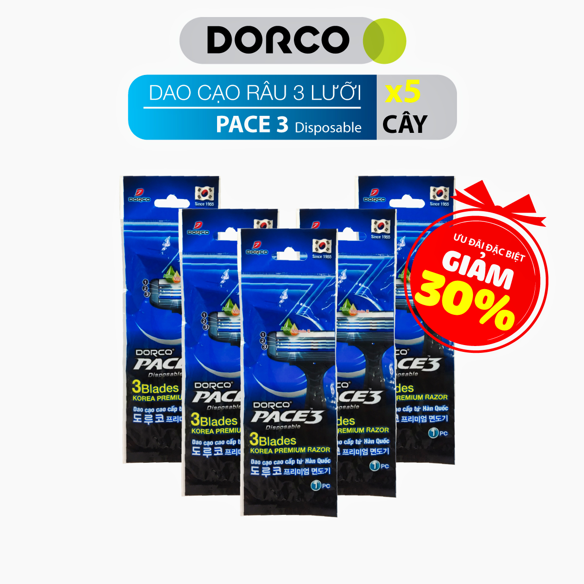 5 Dao Cạo 3 Lưỡi Dorco Pace 3 Disposable