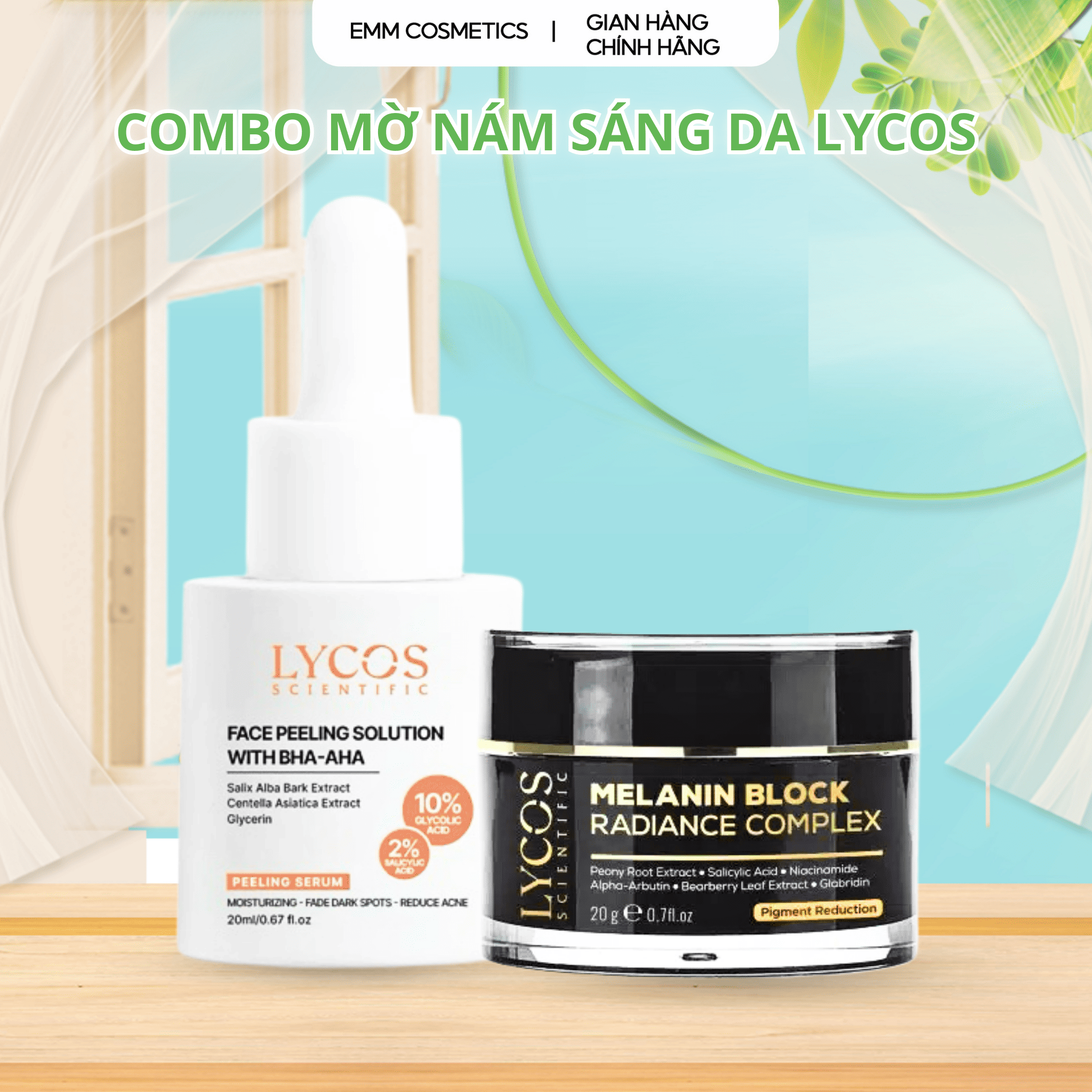 Combo mờ nám sáng da Lycos gồm kem nám đêm Lycos 20g và tinh chất peel da Lycos 10% BHA & 2% AHA dưỡ