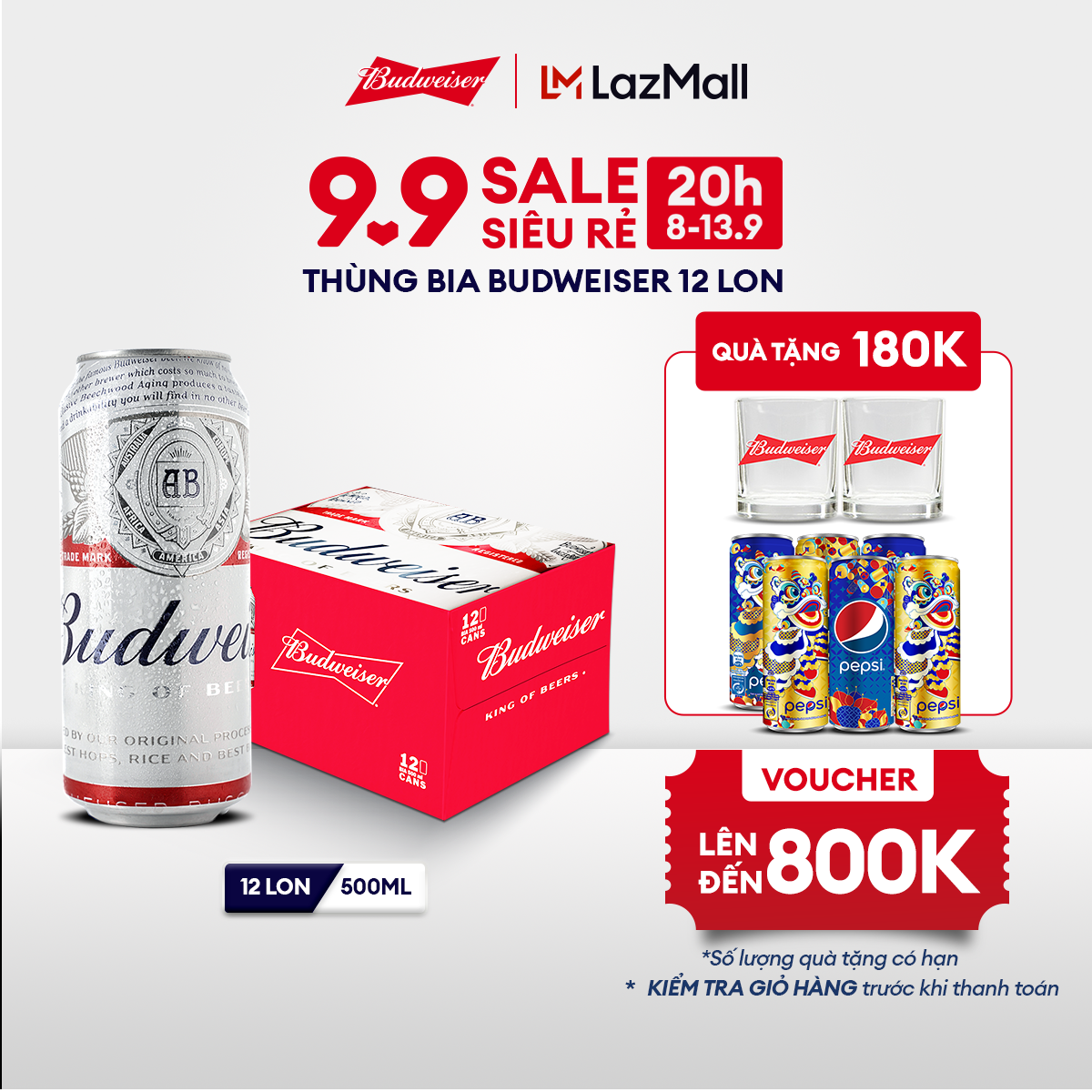 [20h 8.9 - 13.9 VC ĐẾN 50K+FS] Thùng 12 Lon Bia Budweiser (500ml/lon)