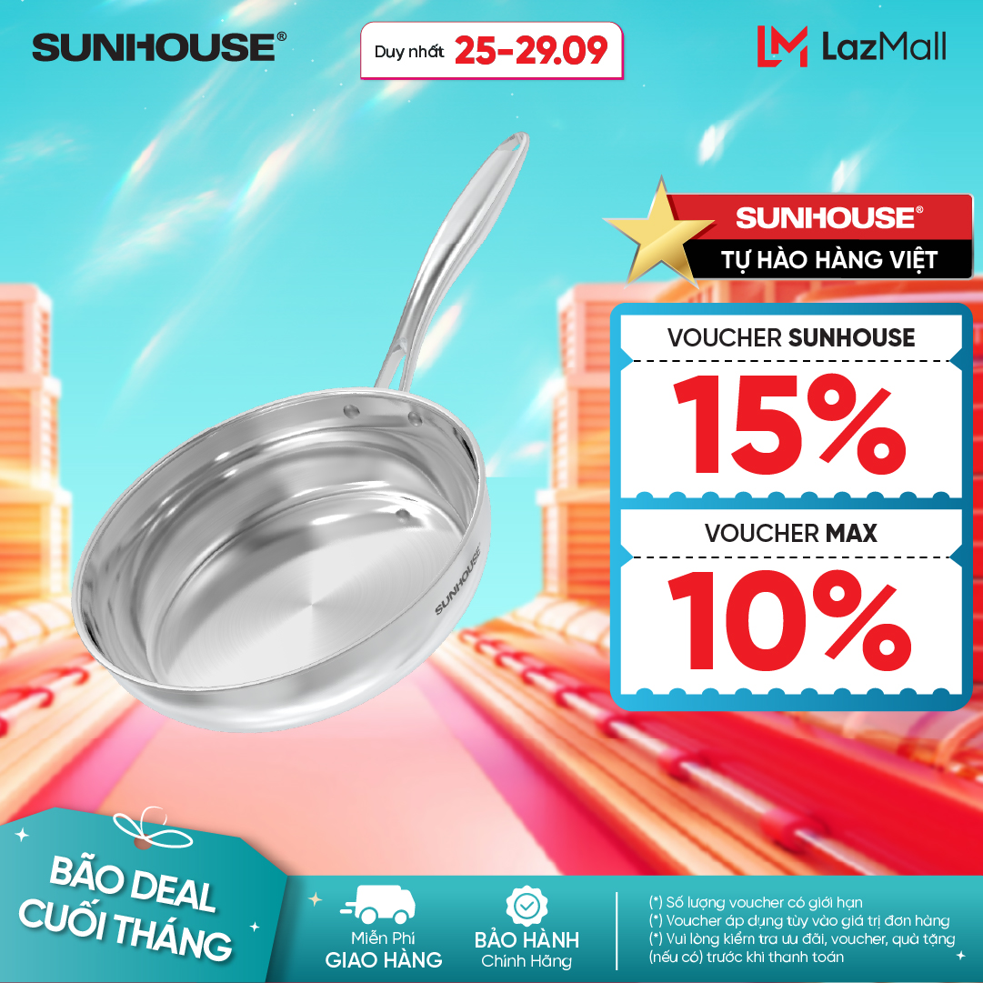 Chảo Inox 340 Cao Cấp Đa Lớp Sunhouse 20M6E - 24M6E - 26M6E Bền Bỉ Truyền Nhiệt Nhanh Tỏa Nhiệt Đều