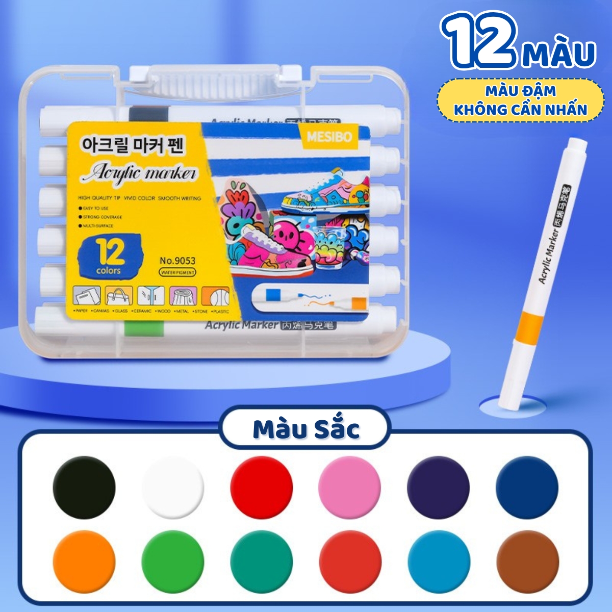 Bút Màu Acrylic Marker 12/24/36/48/60 Cao Cấp Màu Sắc Tươi Sáng - Bút Lông Màu - Không Lem Nhanh Khô