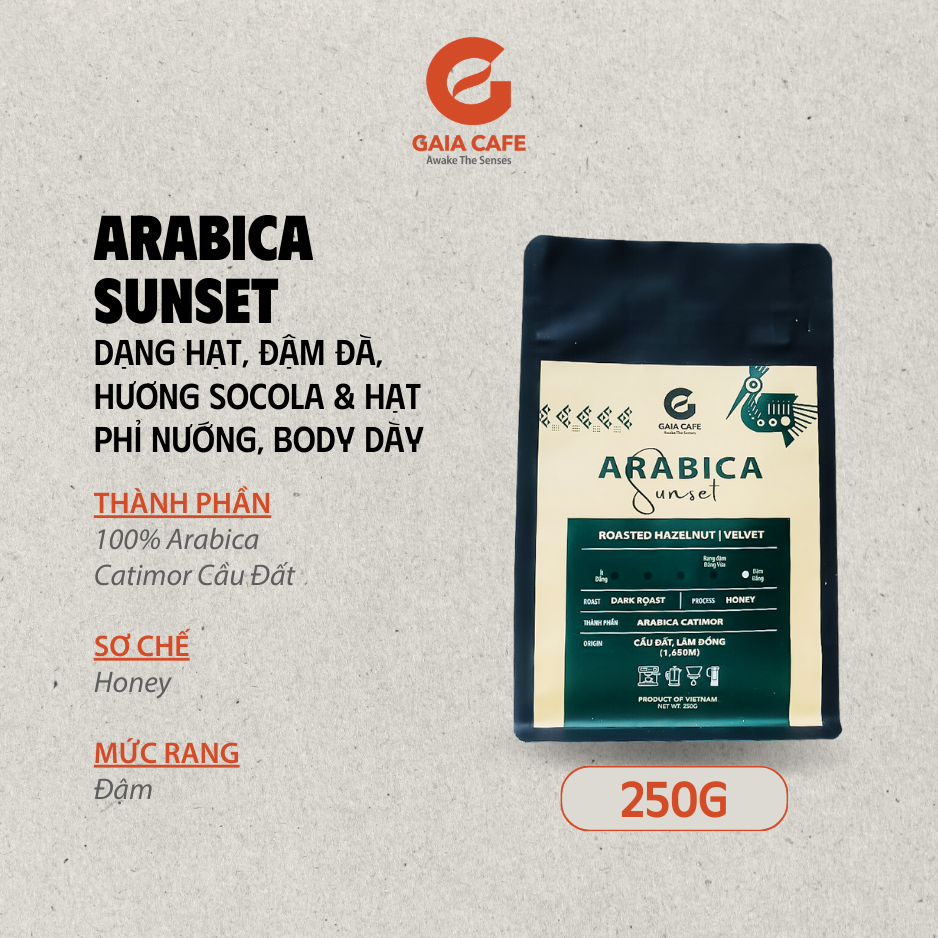 (250GR) Cà phê hạt SUNSET Gaia Cafe | 100% Cafe Arabica Catimor Cầu Đất | Hương vị CHOCOLATE và HẠT 