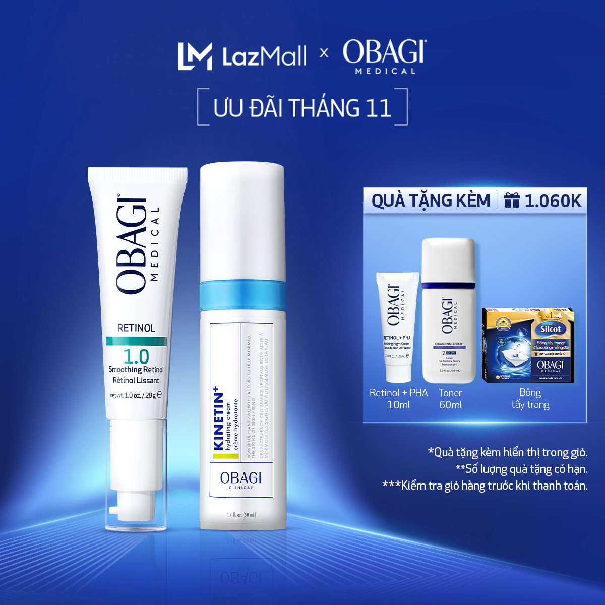 Bộ đôi Kem chống lão hóa Obagi Retinol 1.0 28g và Kem dưỡng phục hồi làm dịu da Obagi Clinical Kinet