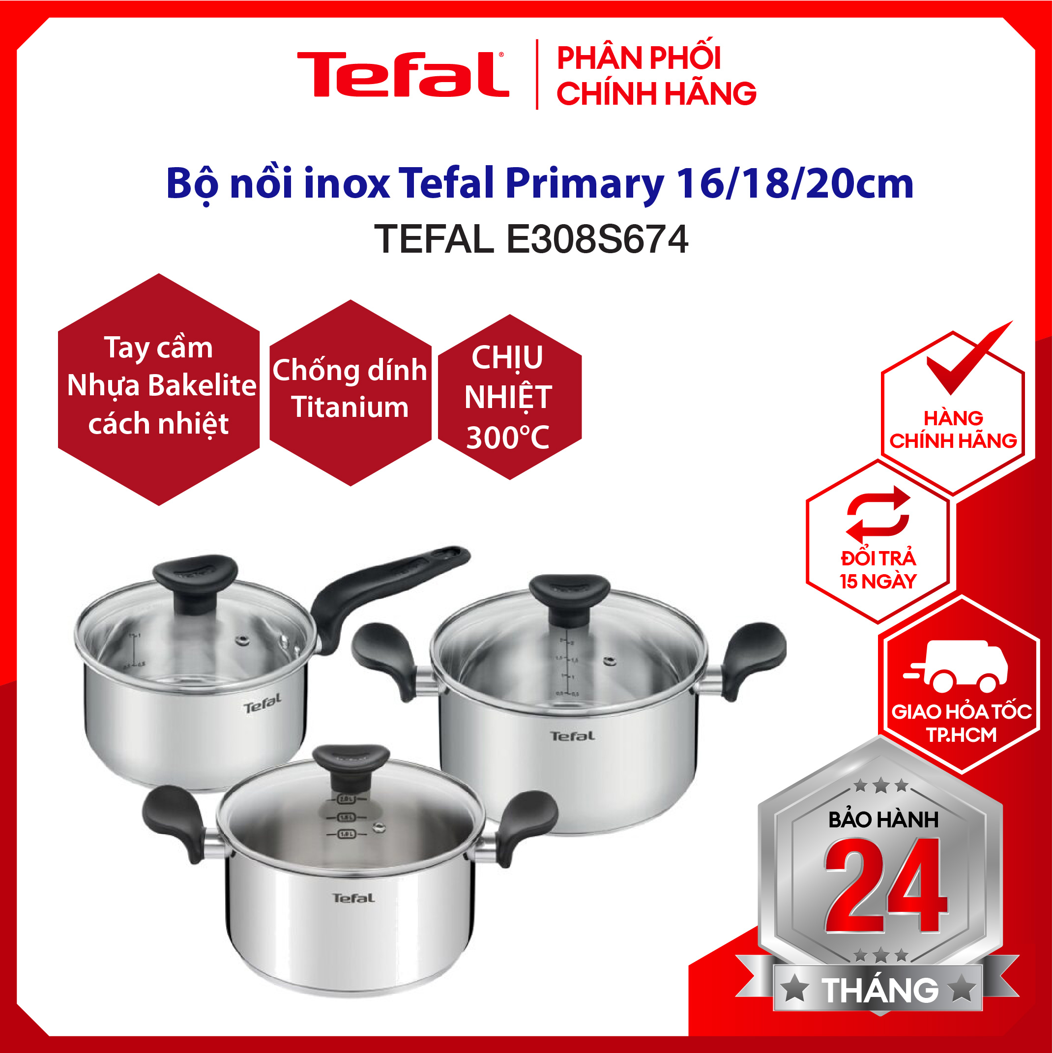 |HỎA TỐC 2H| Bộ nồi inox nồi không gỉ Tefal Primary 16/18/20cm 3 cái (E308S674) dùng được tất cả các