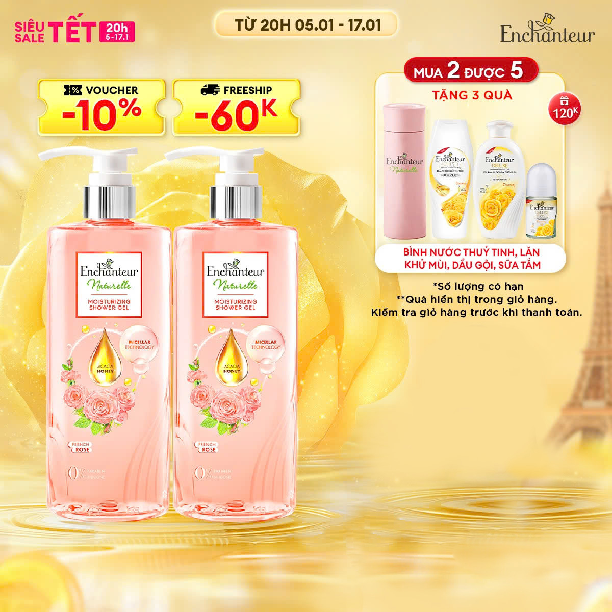 [HOT Tặng 3 quà] Combo 2 Sữa tắm dưỡng da thiên nhiên Enchanteur Naturelle hương hoa hồng Pháp 510gr