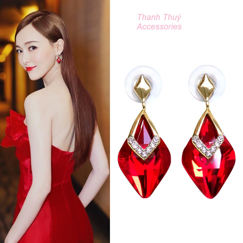 Bông tai giọt nước đính đá màu xanh dương xanh lá đỏ