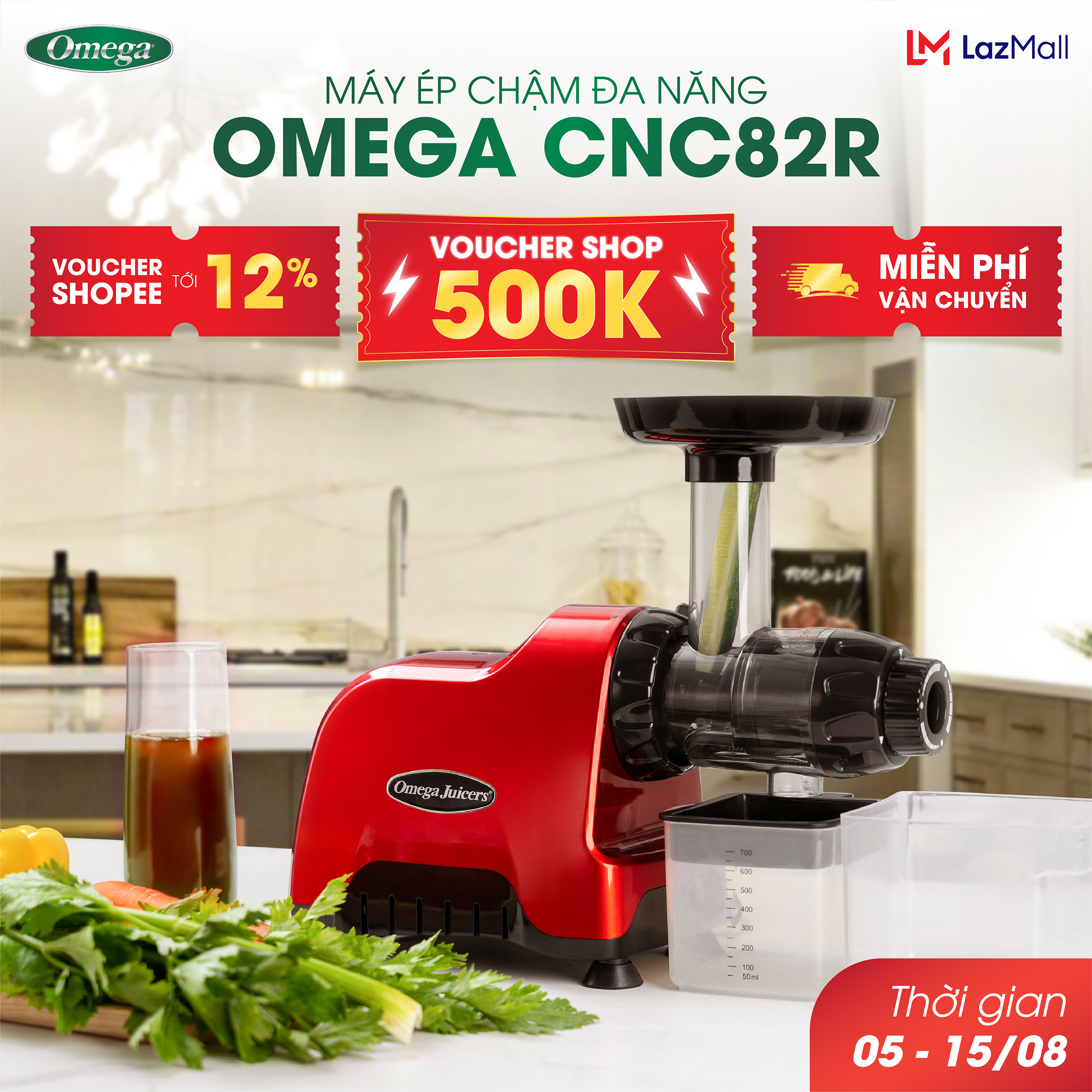 Máy ép chậm trục ngang Omega CNC82R - Công suất 200W. Ép rau củ quả làm kem làm mỳ sợi sữa hạt