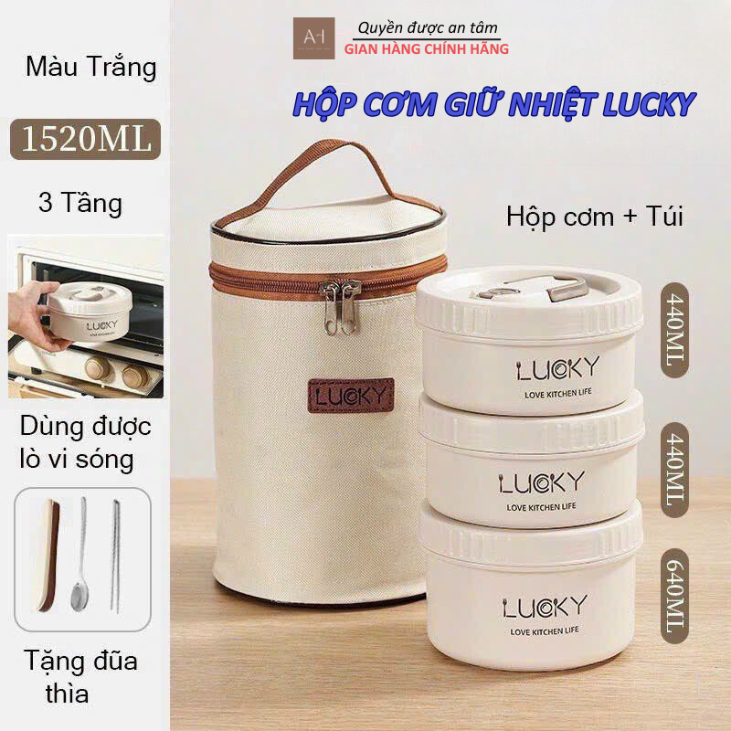 Hộp cơm giữ nhiệt Lucky Hộp cơm trưa văn phòng cao cấp cách nhiệt 3 tầng bằng thép không gỉ 304L