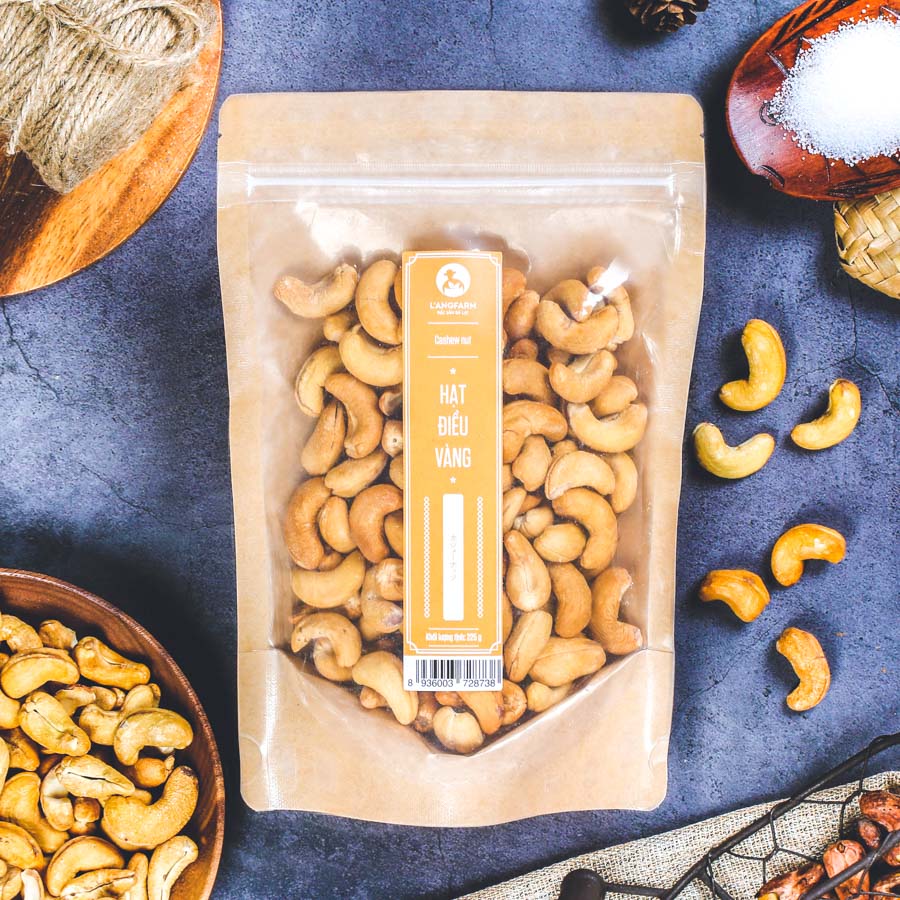 Hạt điều vàng Langfarm 225g bịch mẫu kraft 1 mặt trong
