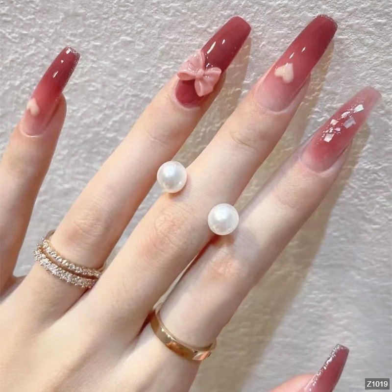 Móng Tay Giả Nail Box Đính Đá Đính Charm Nơ Kiểu Dài Màu Hồng ORI Accessories Z1019