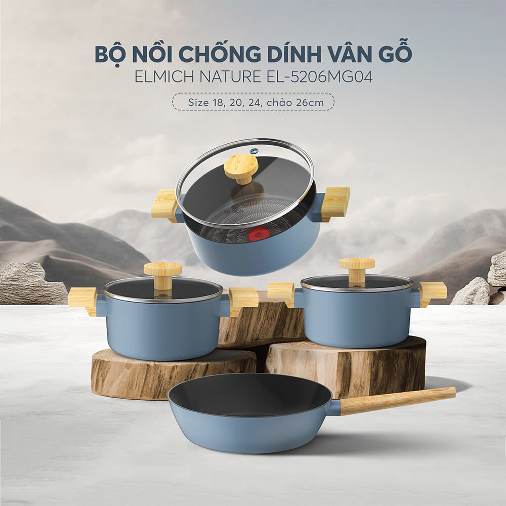 (Duy nhất 20h 04.05-07.05)Bộ nồi chống dính vân gỗ Elmich Nature EL-5206MG04 size 18 20 24 chảo 26cm