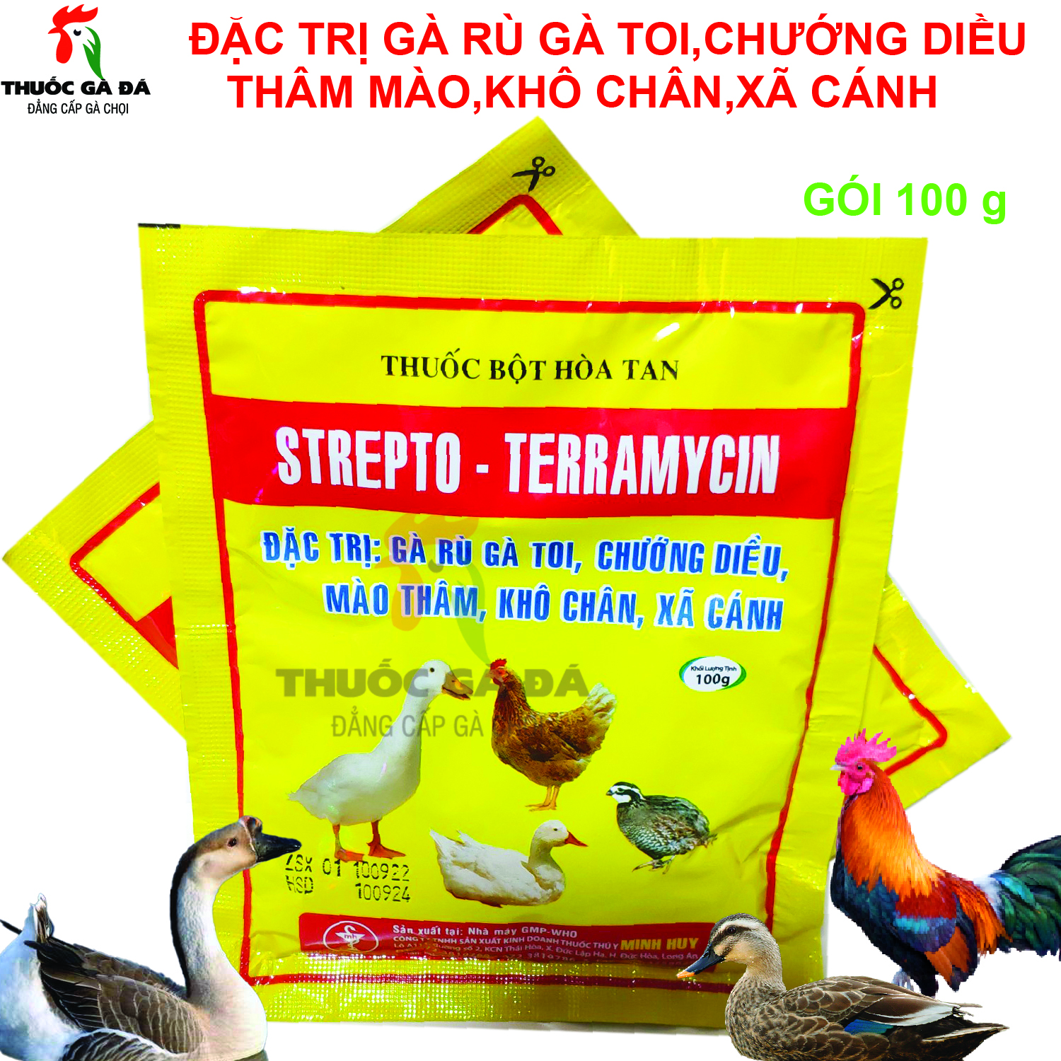 COMBO 2 GÓI GÀ RÙGÀ TOICHƯỚNG ĐIỀUMÀO THÂMKHÔ CHÂN XÃ CÁNH STREPTO - TERRAMYCIN (gói 100g)-MINH HUY