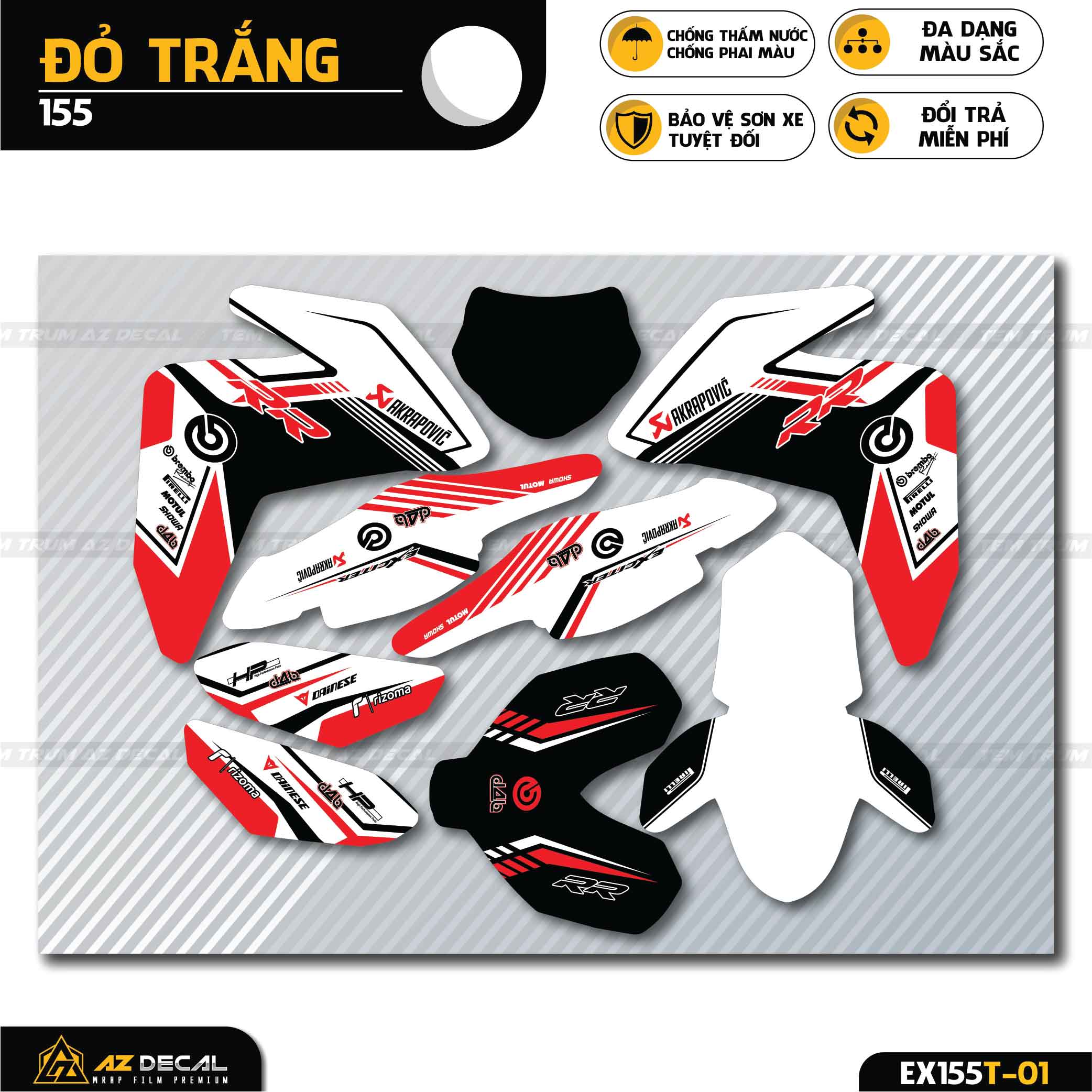 Tem Trùm Exciter 155 Đẹp Mẫu Akrapovic | EX155T-01 | Decal Dán Xe Ex 155 VVA Cao Cấp Chống Phai Màu 