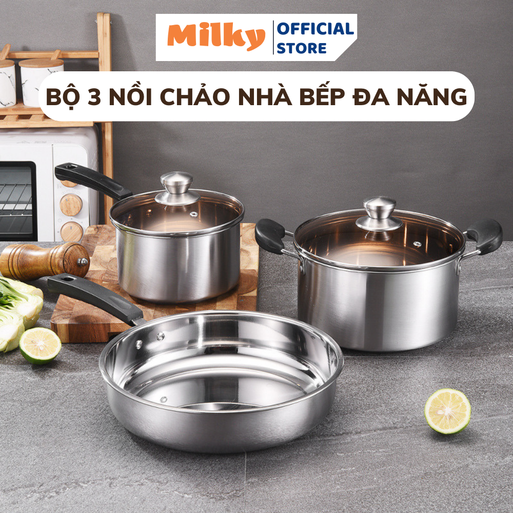Bộ 3 Nồi Chảo Nấu Nhà Bếp Tiện Dụng Có Lớp Chống Dính Bộ Nồi Chất Liệu Inox Cao Cấp Phù Hợp Với Mọi 