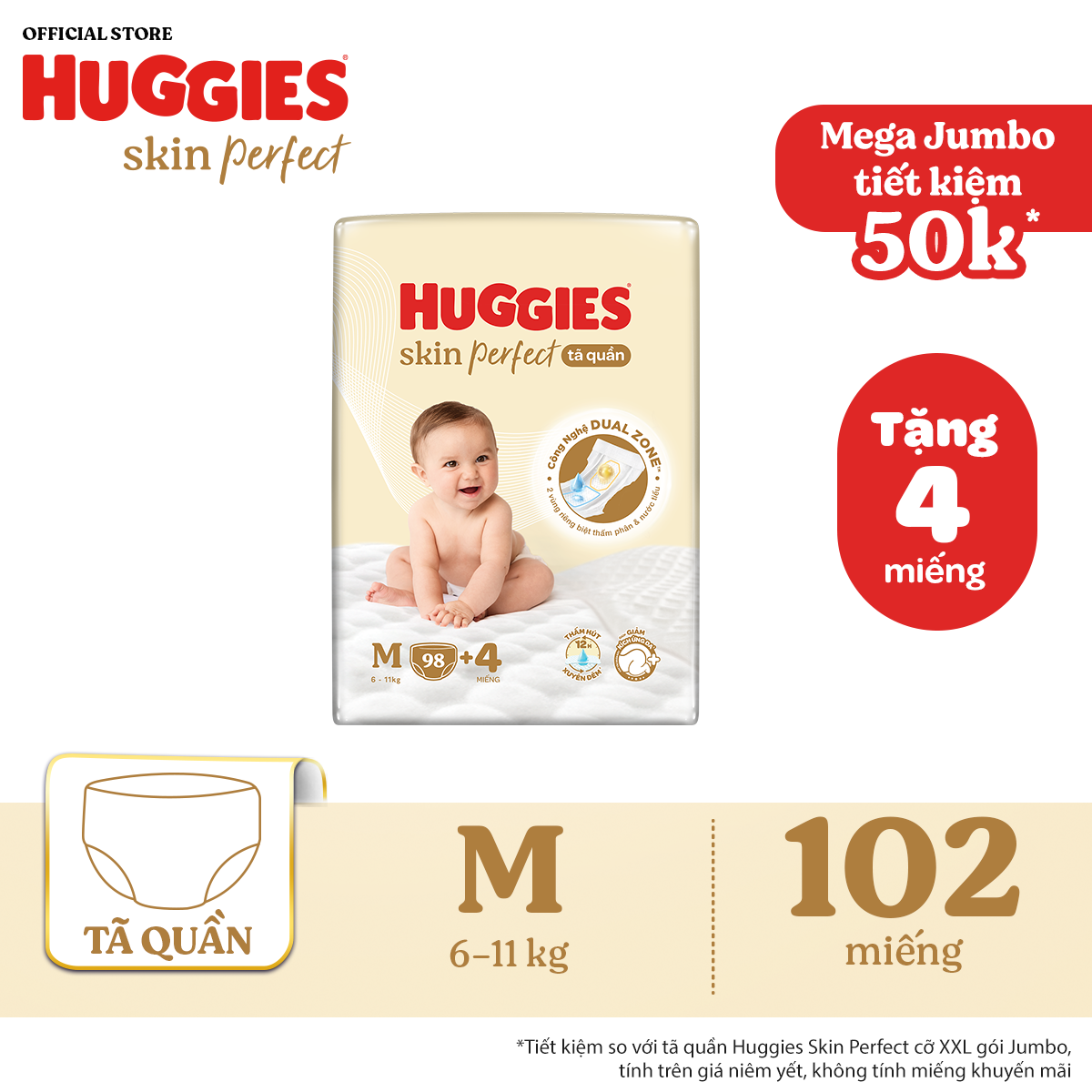 [30.7 QUÀ TẶNG ĐH 699K] Tã quần Huggies Skin Perfect M size Mega Jumbo 98+4 miếng