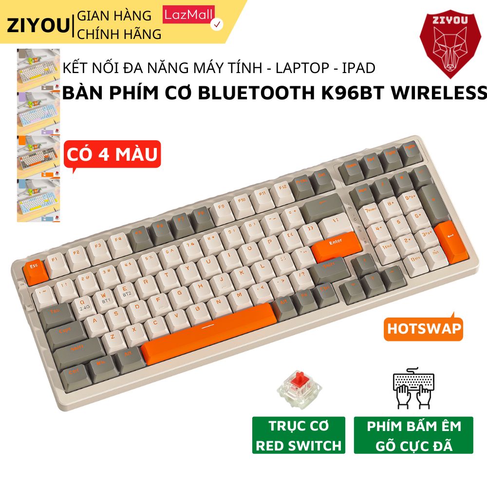 Bàn Phím Cơ Không Dây Bluetooth Ziyou K96BT Full SIZE Hotswap Trục Cơ Red Switch Cho Máy Tính Laptop