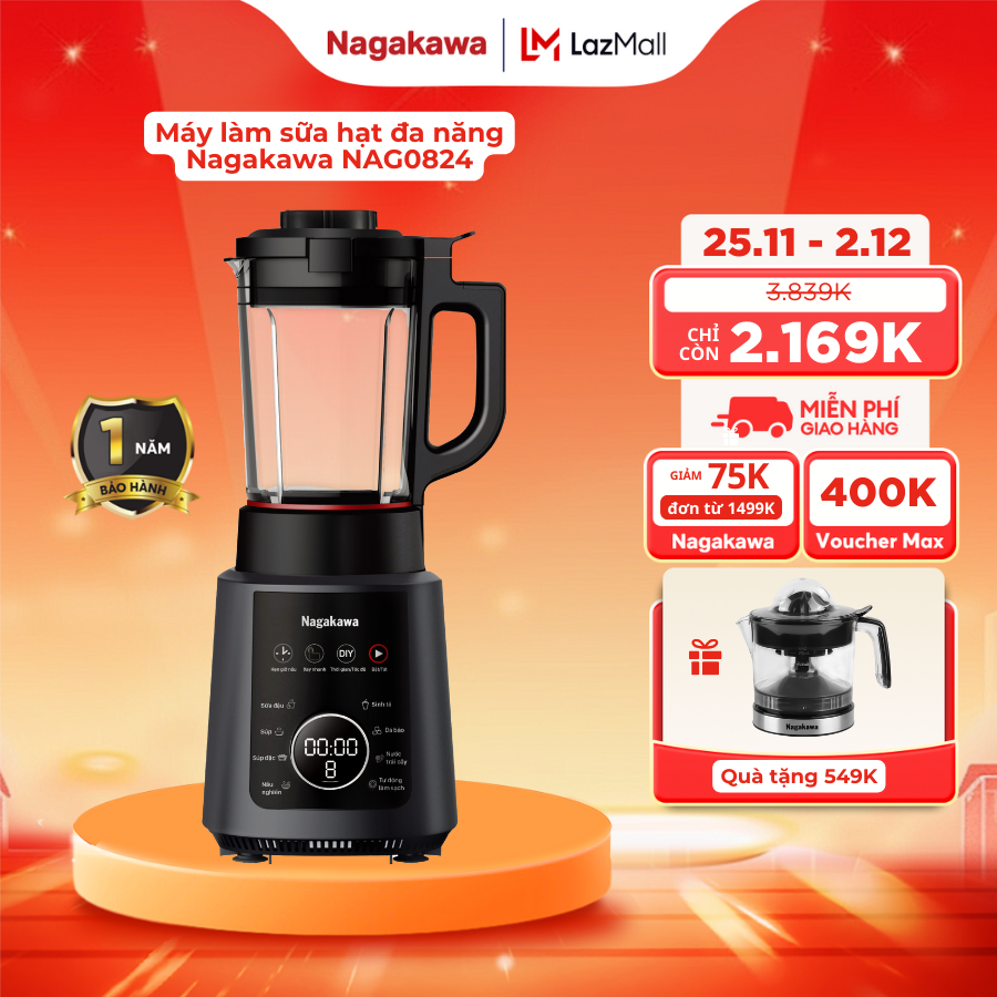 Máy làm sữa hạt đa năng Nagakawa NAG0824 dung tích 12L công suất 1200W 8 chức năng tự làm sạch bảo h