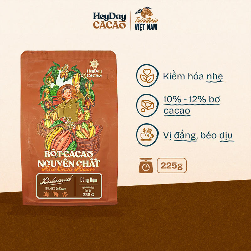 Bột cacao nguyên chất Việt Nam không đường Heyday - Túi zip 225g - Dòng Balanced 10% - 12% bơ cacao tự nhiên - Hỗ trợ giảm cân - Keto - Vị socola nguyên bản