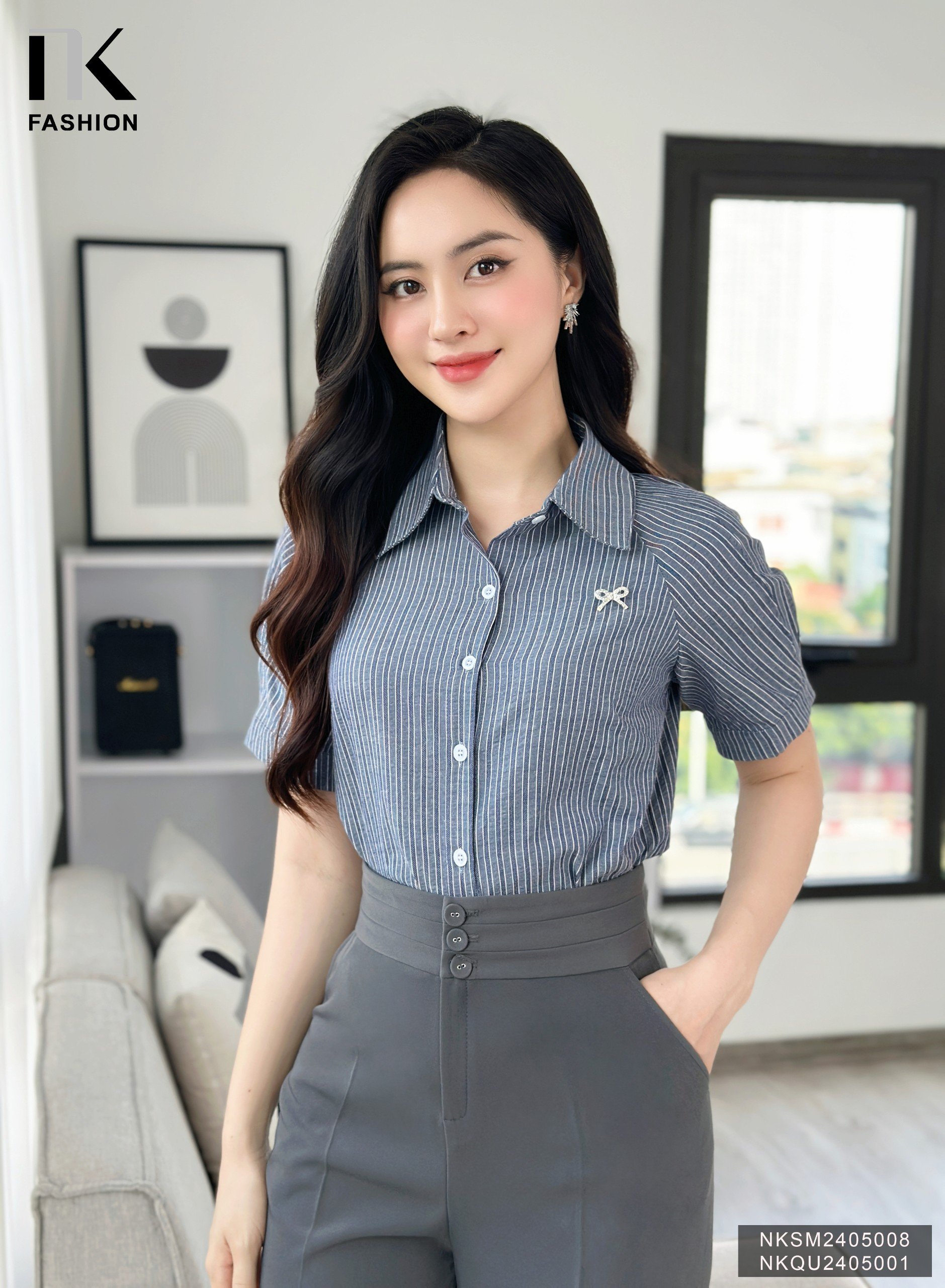 Áo Sơ Mi Kẻ Xếp Ly Vai NK Fashion Công Sở Nữ Thanh Lịch Nữ Tính Vải Mềm Mịn NKSM2405008