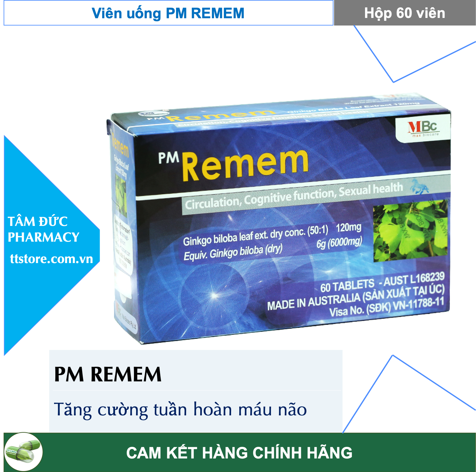 PM REMEM [Hộp 60 viên] - Viên uống tăng cường tuần hoàn não nhập khẩu từ Úc [ginko biloba]
