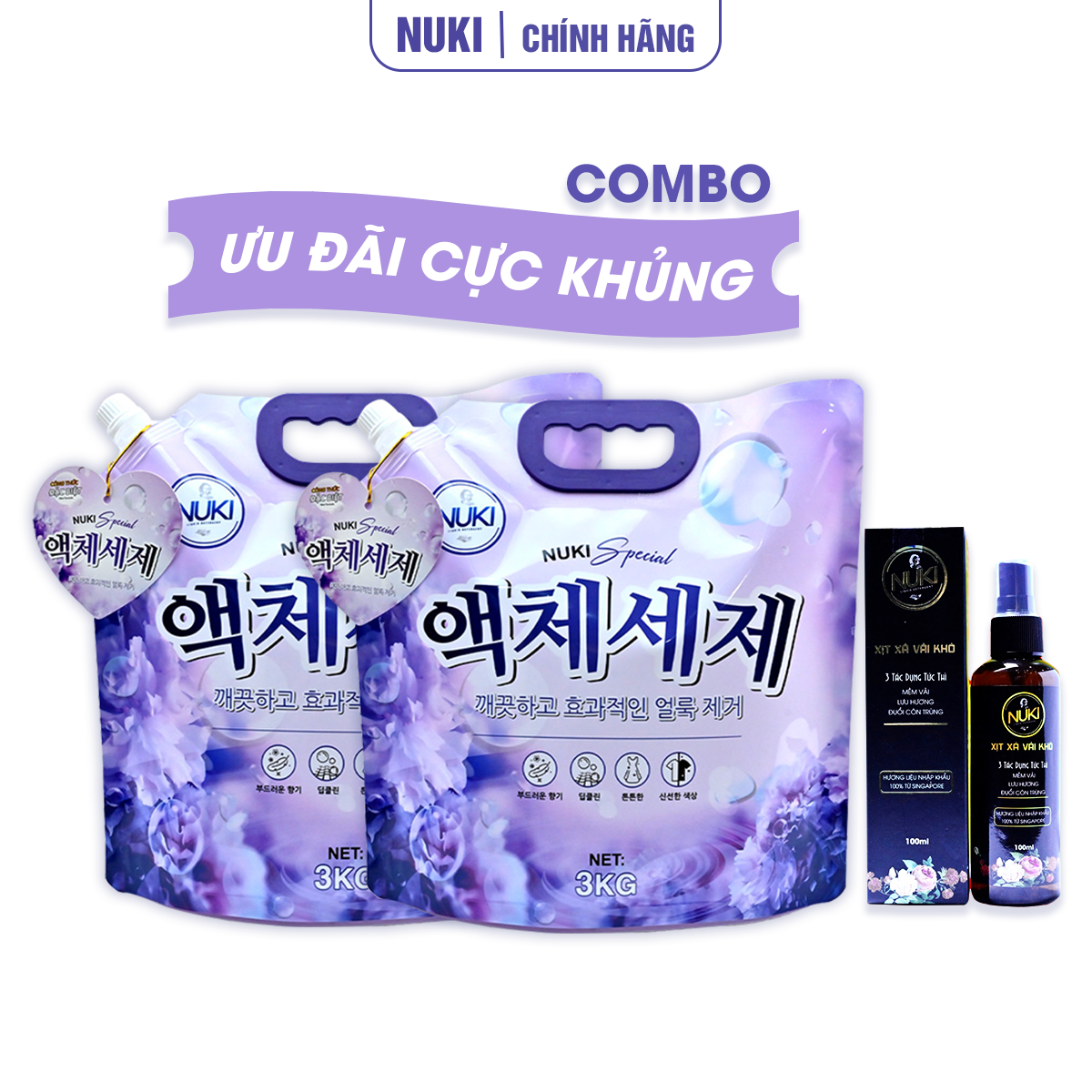 ComBo 2 Túi Nước Giặt Hàn Quốc Nuki Special 3kg Hương Nắng Mai và 1 Chai Xịt Xả Vải Khô Nuki 100ml N