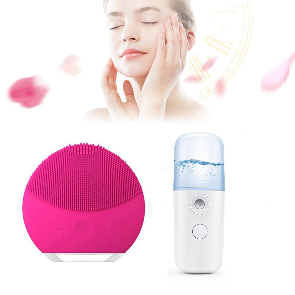 Combo Máy Xông Mặt Xịt Khoáng Nano Mini Cầm Tay Tiện Lợi Và Máy Rửa Mặt Rung Tạo Bọt Giúp Sạch Sâu