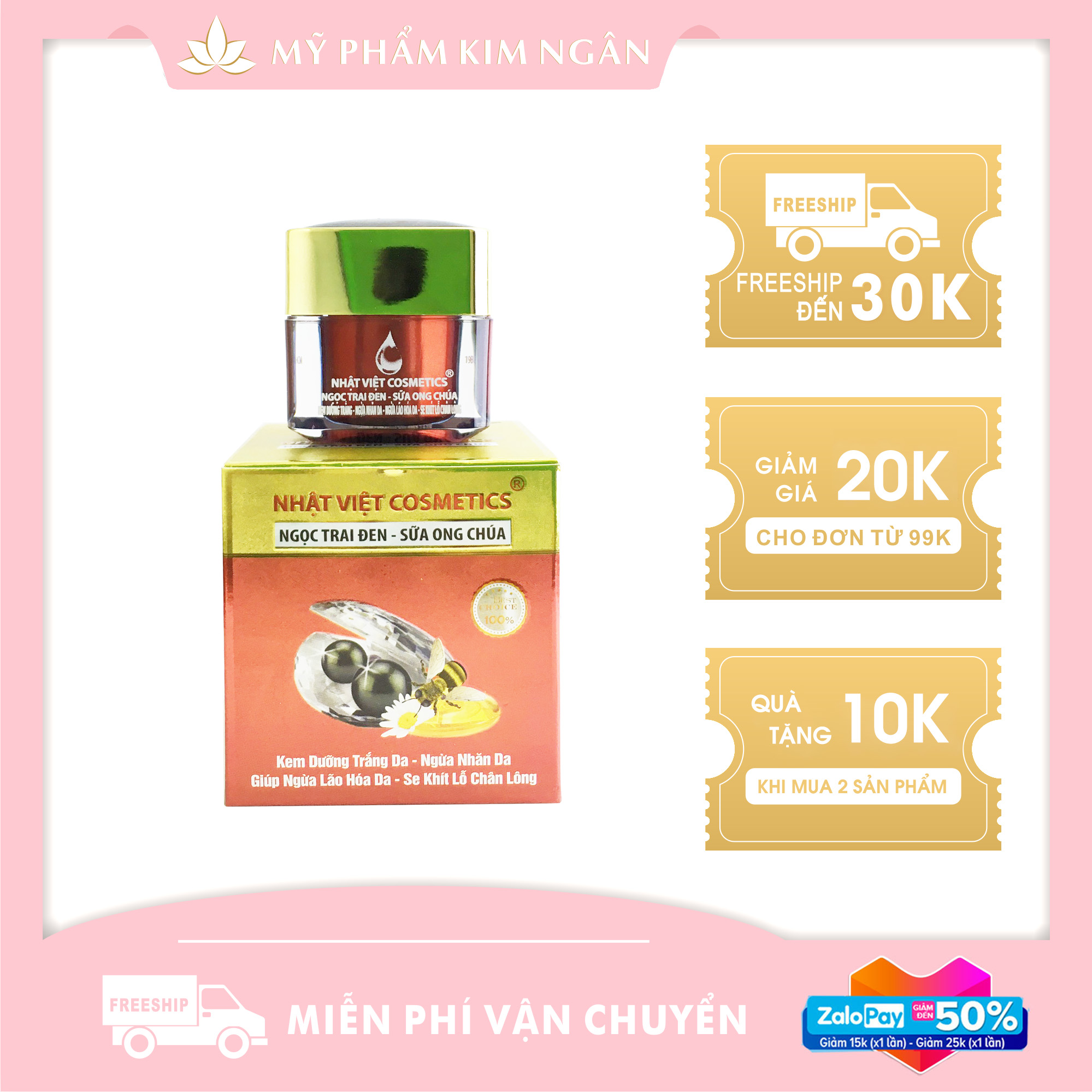Kem Nhật Việt V14 Siêu Trắng Da Mặt Se Khít Lỗ Chân Lông Ngọc Trai Đen Sữa Ong Chúa (20g) – Mỹ Phẩm Kim Ngân