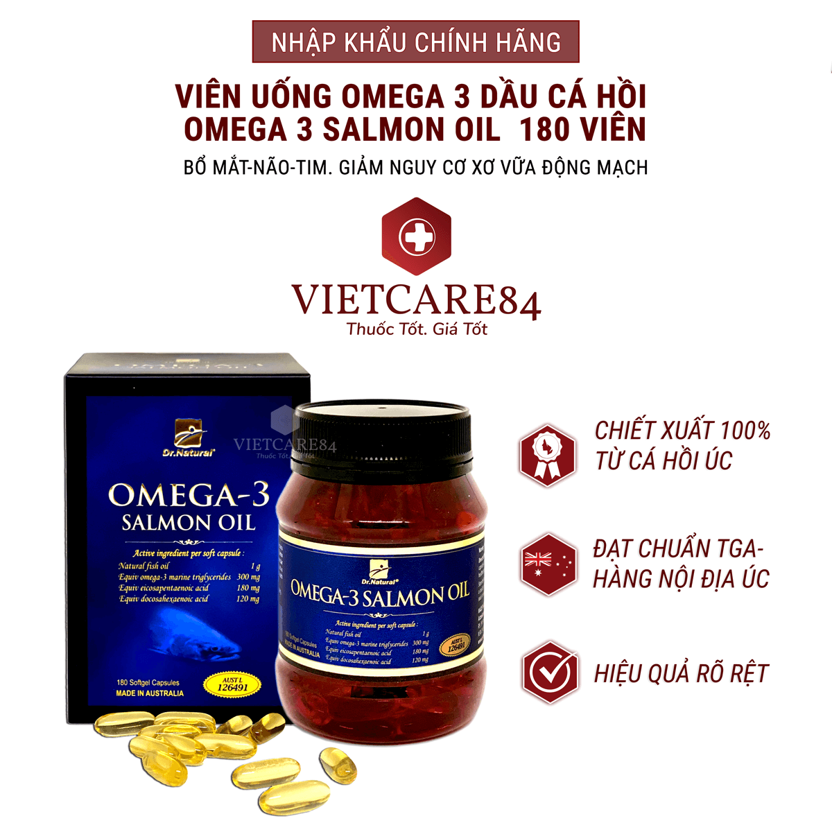 Viên Uống Omega 3 Dầu Cá Hồi Nhập Khẩu Chính Hãng Úc Omega 3 Salmon Oil (180 Viên) Hỗ Trợ Giảm Mỡ Máu Giảm Nguy Cơ Xơ Vữa Động Mạch Cung Cấp Các Chất Dinh Dưỡng Cần Thiết Cho Não Bộ Tốt Cho Mắt