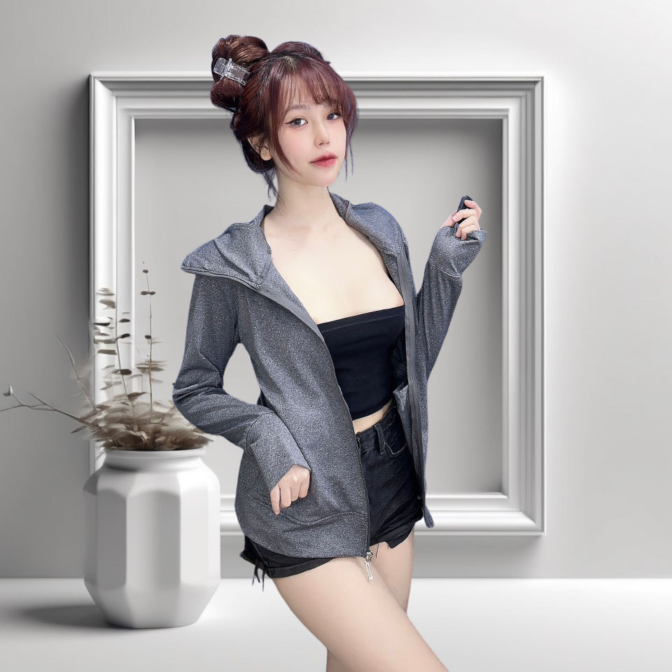 Áo Khoác Nữ Chống Nắng 6 Túi Vải Thun Đốm Nhẹ Co Giản Thoải Mái.