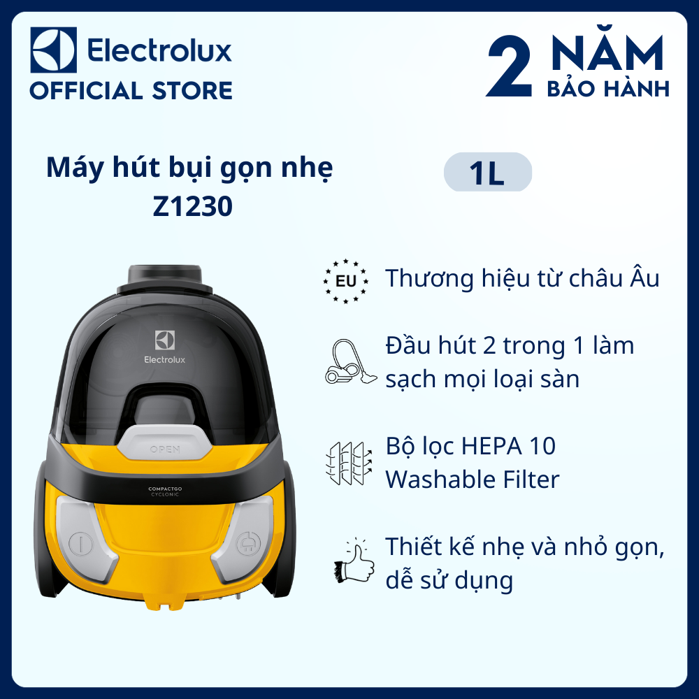 Máy hút bụi Electrolux Z1230 1600W - Vàng cam, Dung lượng 1L, Kích thước 290x290x500mm