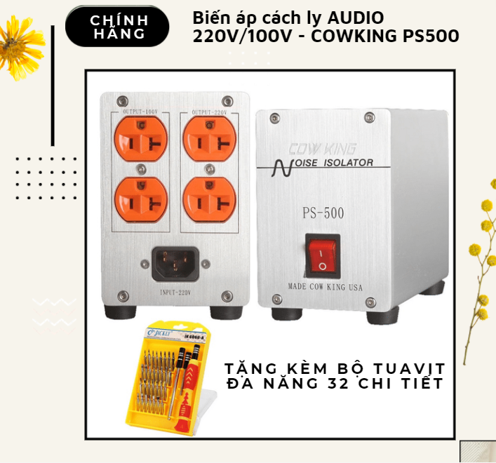 Tặng kèm Bộ tuavit đa năng 32 chi tiết - Biến áp cách ly AUDIO 220V/100V - COWKING PS500 Biến Áp Các