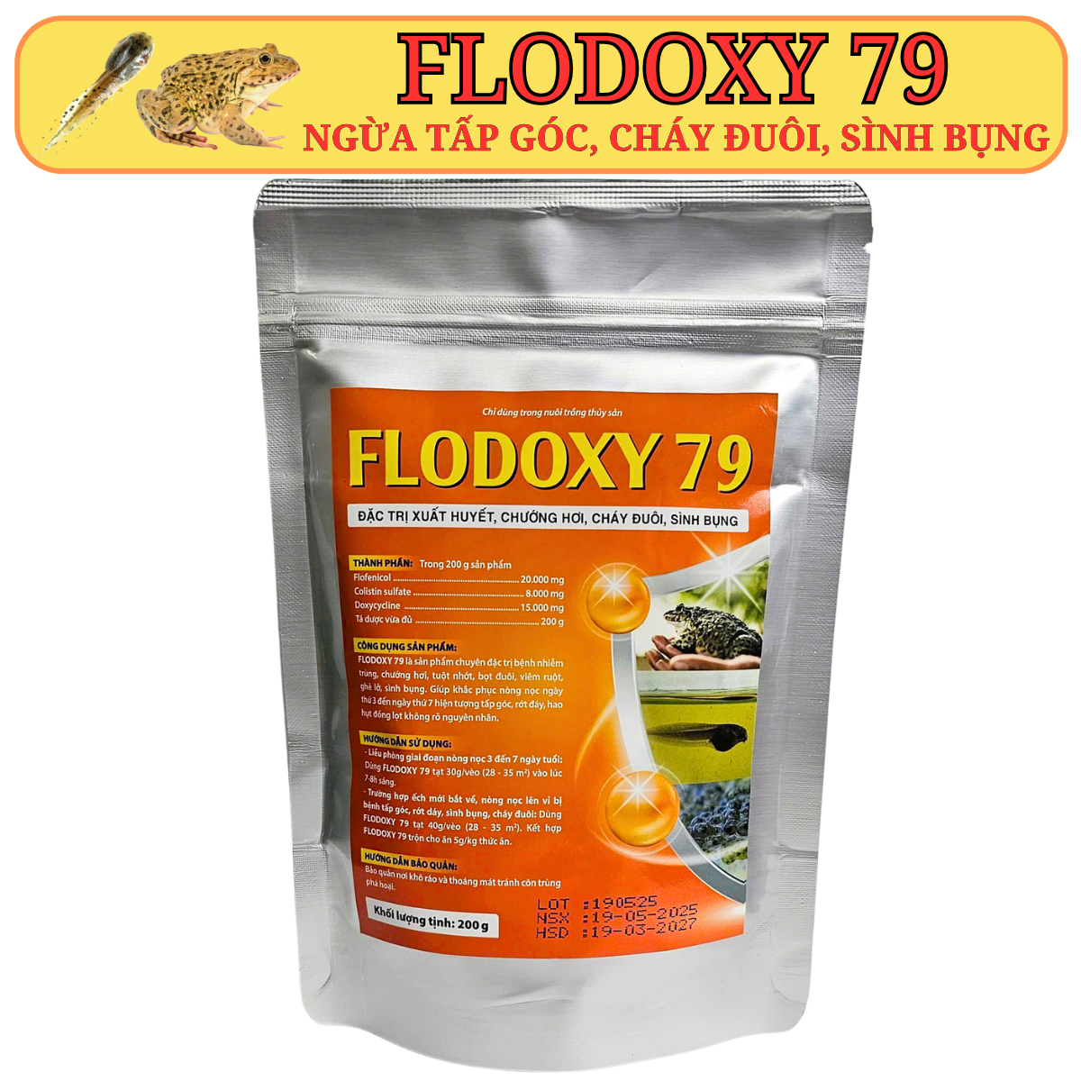 FLODOXY 79 - Trị cháy đuôi tấp góc chướng hơi sình bụng cho nòng nọc ếch giử đầu con hiệu quả gói 20
