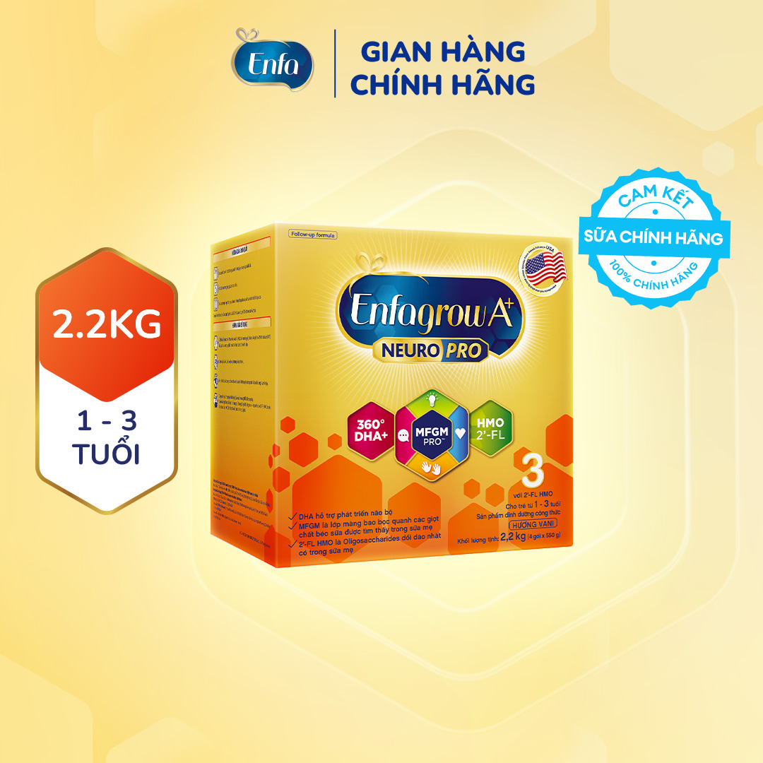 Sữa bột Enfagrow A+ Neuropro 3 Vị thanh mát 2FL HMO với dưỡng chất DHA & MFGM cho trẻ từ 1- 3 tuổi-2.2kg