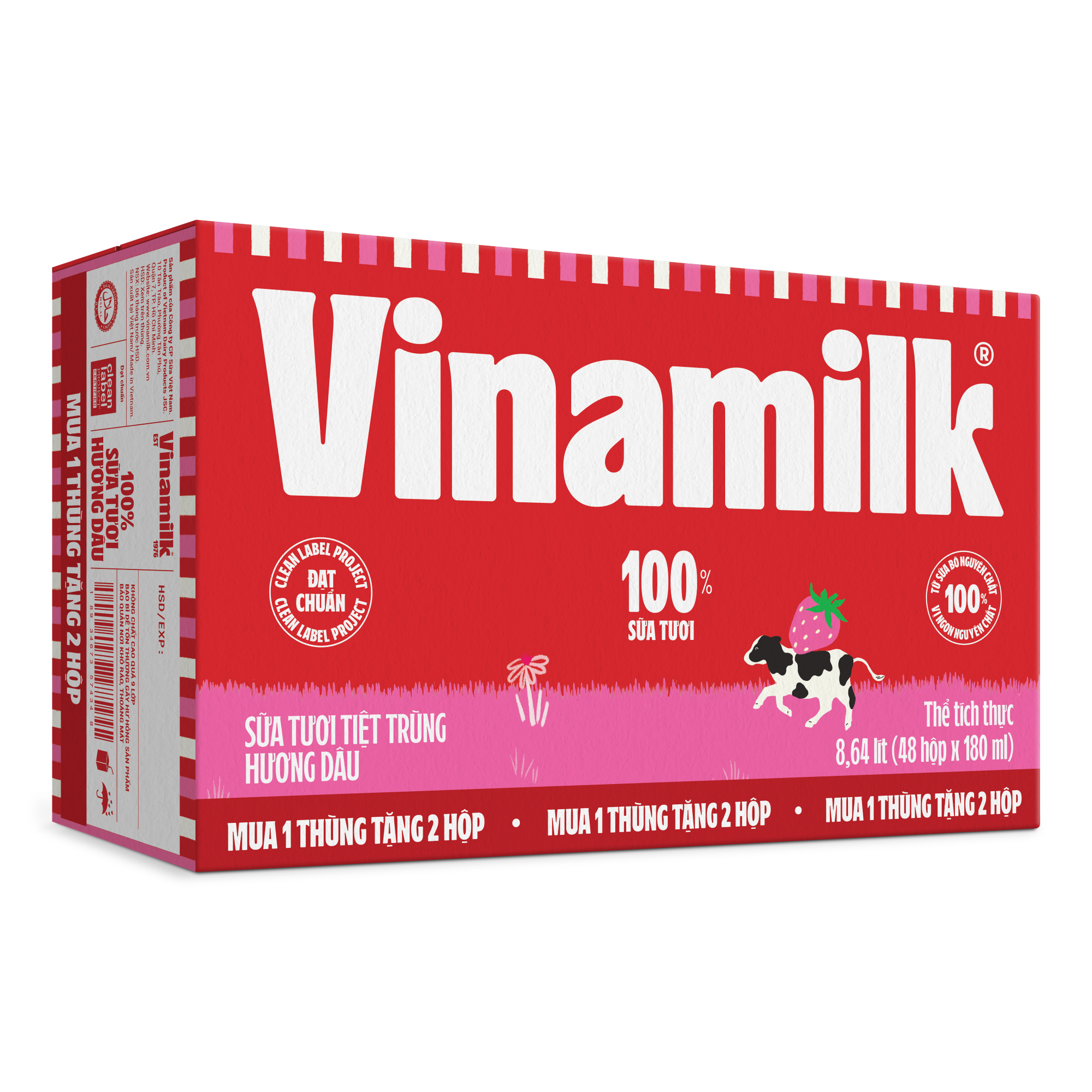 [TẶNG 2 HỘP] Thùng 48 Hộp Sữa tươi tiệt trùng Vinamilk 100% Hương Dâu 180ml - Tặng thêm 2 hộp