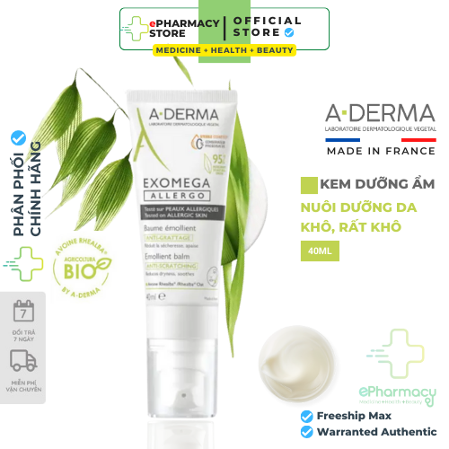 Kem dưỡng ẩm ADerma Exomega Allergo Emollient Balm giảm khô ngứa cho da rất khô viêm da cơ địa 40ml