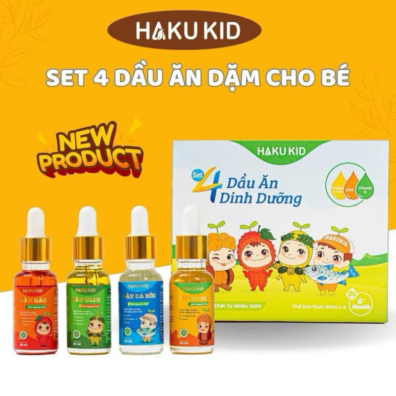 Set dầu ăn dặm Hakukid cho bé ăn dặm :dầu oliu gấc cá hồi óc chó 20ml