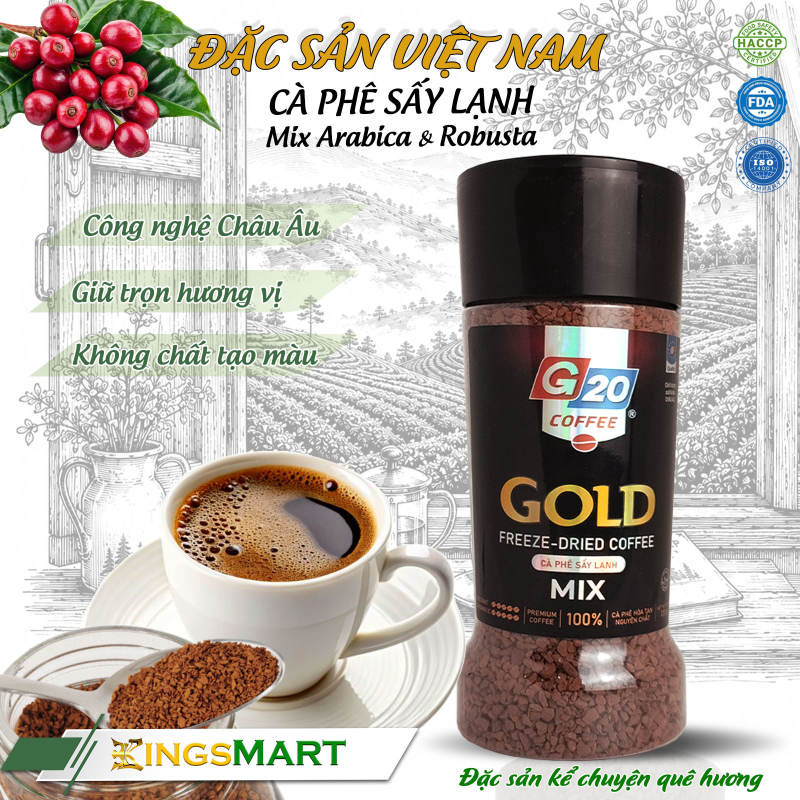 Cà phê sấy lạnh GOLD MIX Arabica & Robusta – Thương hiệu G20 COFFEE THIÊN SA – Hũ 120g – Kingsmart