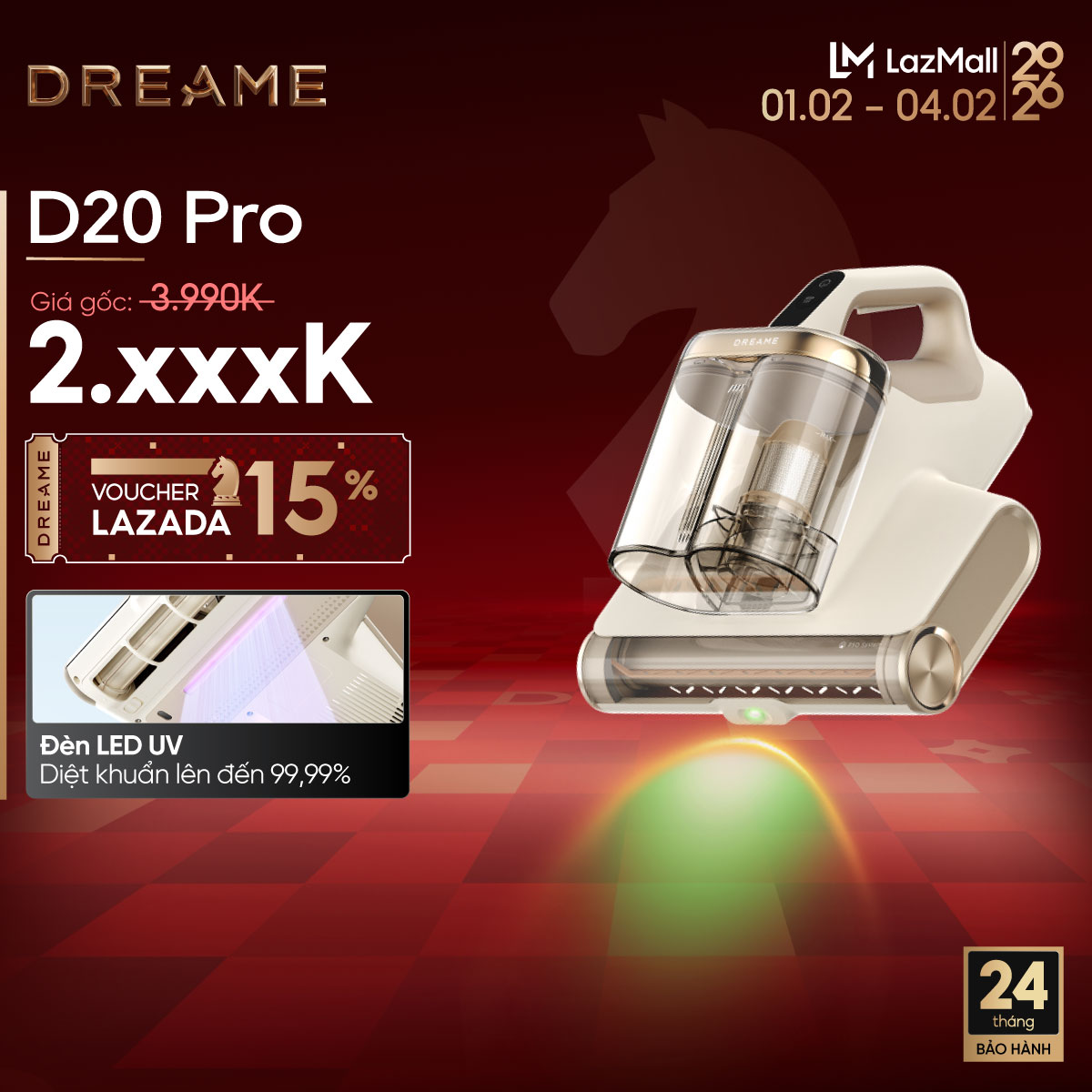 Máy hút bụi giường nệm diệt khuẩn UV lọc bụi mịn Dreame D20 Pro- Bản quốc tế - Bảo hành 24 tháng