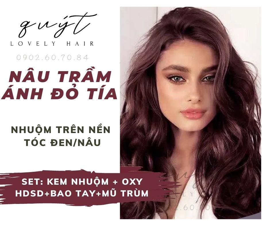 Kem Nhuộm Tóc Màu Nâu Trầm Ánh Đỏ Tía -tặng oxy nhuộm trên nền tóc đen nâu.