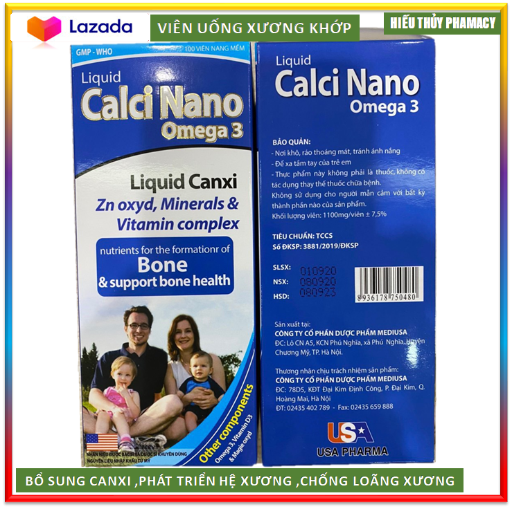Hộp 100 viên] Viên uống Liquid Calcium Nano OMEGA3  Giúp bổ sung Canxi Magie oxit  D3 và khoáng chất cần thiết cho cơ thể hỗ trợ phát triển chiều cao ở trẻ ngừa loãng xương ở người già