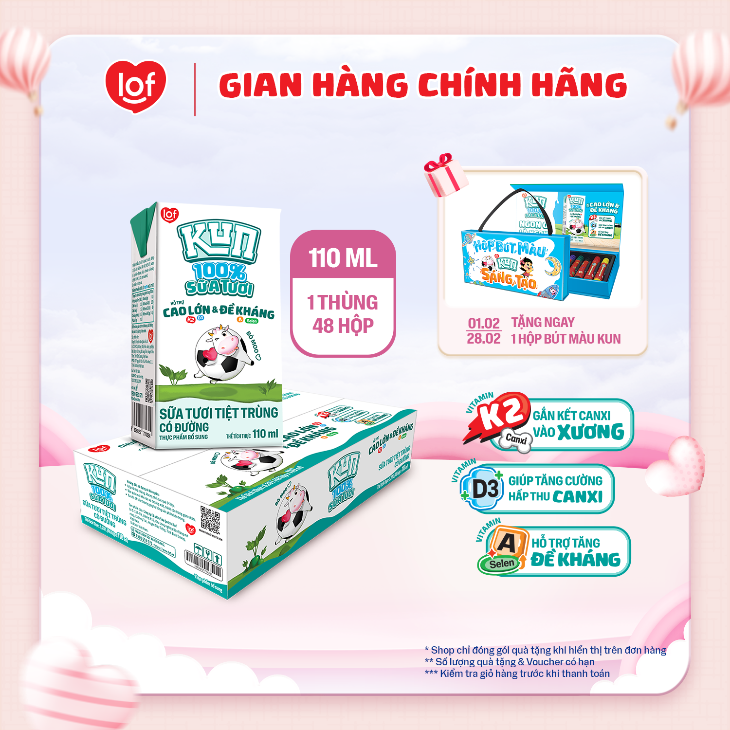 100% sữa tươi KUN có đường thùng 48 hộp x 110ml