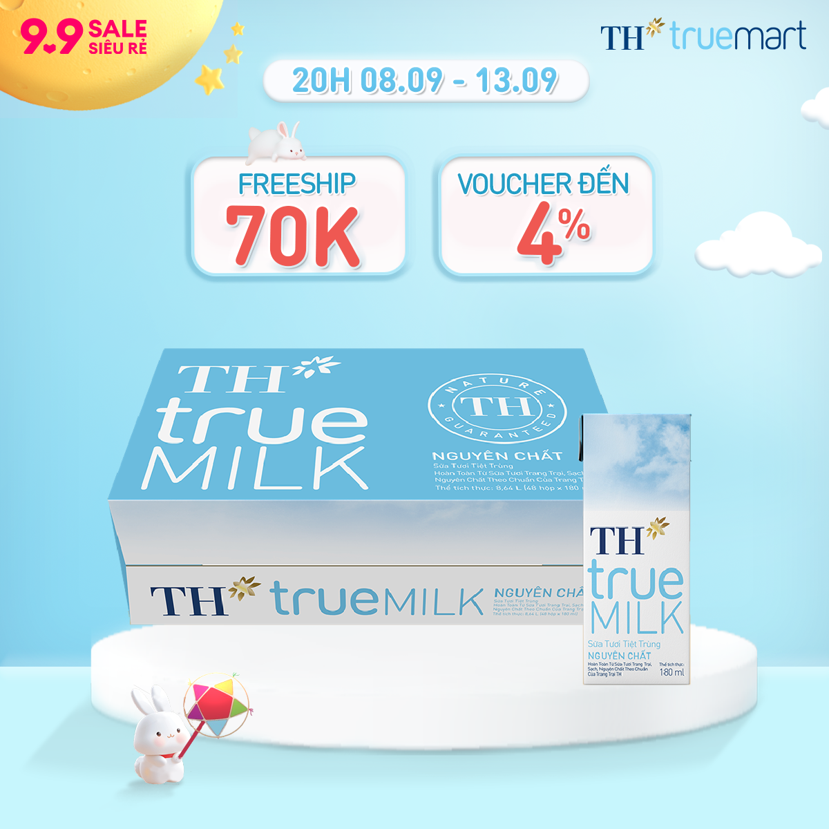 Thùng 48 hộp sữa tươi tiệt trùng TH true MILK nguyên chất 180 ml (180 ml x 48)