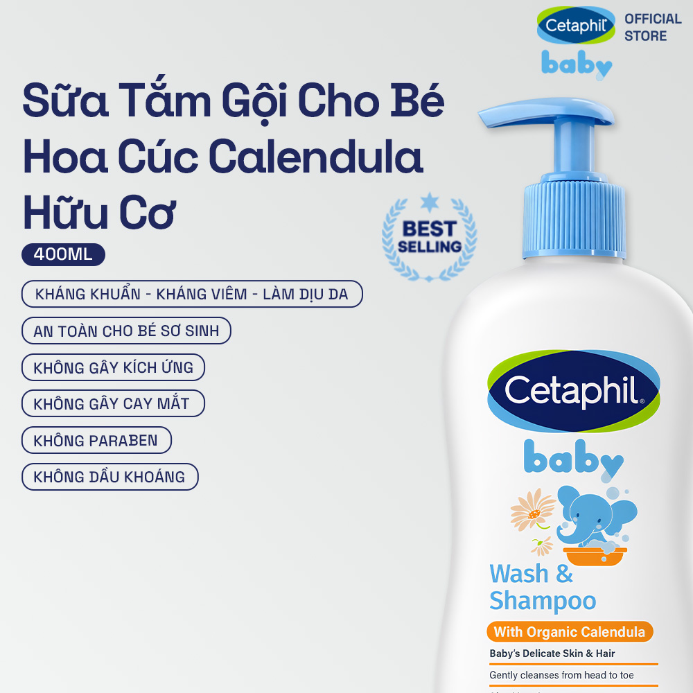 Sữa tắm dưỡng ẩm dịu lành cho bé với Calendula hoa cúc hữu cơ CETAPHIL BABY W&SHAMPOO CALENDULA 400ML