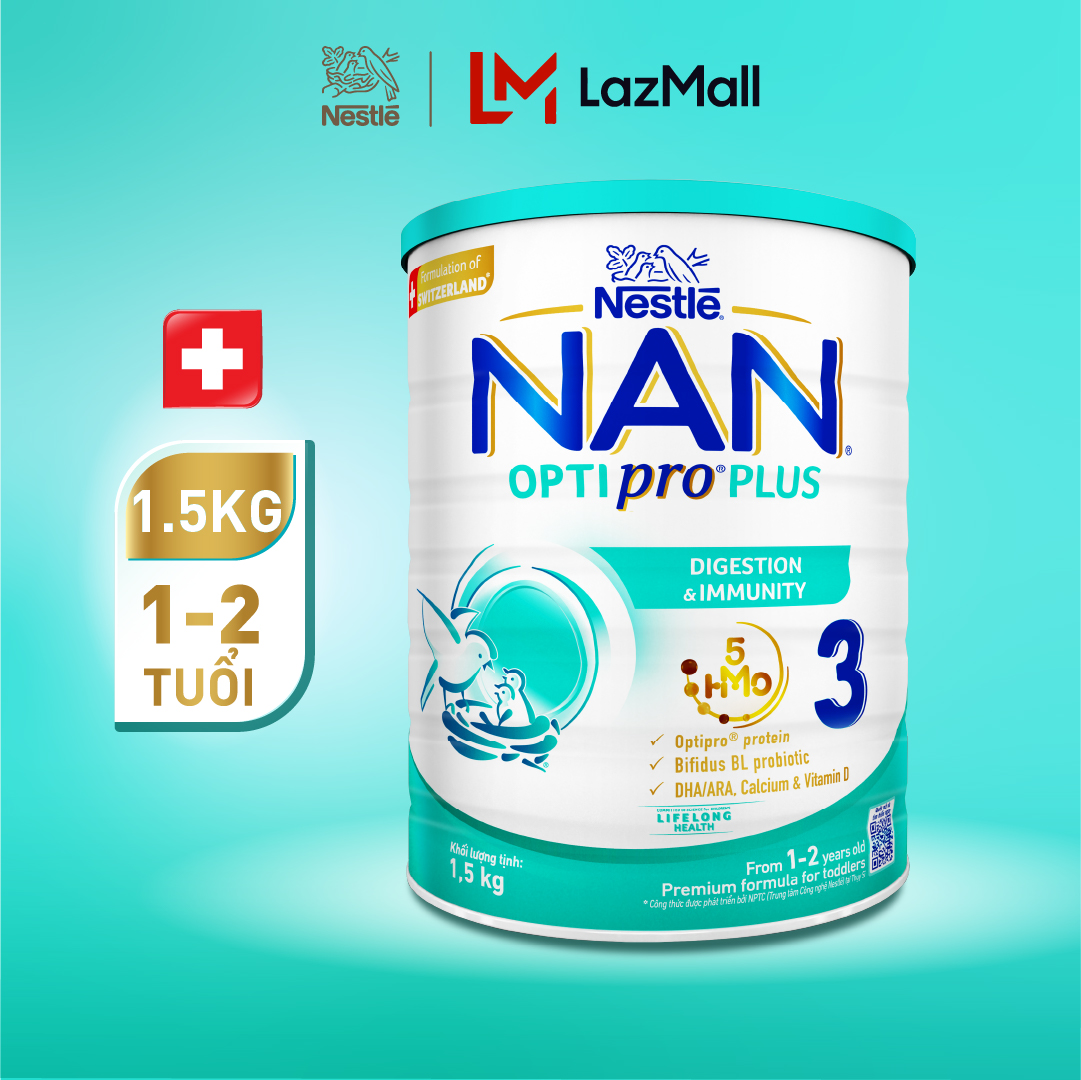 Sữa bột Nestle NAN OPTIPRO PLUS 3 1500g với 5HMO Sữa Mát với đạm Optipro 5HMO Hỗ Trợ Tiêu Hóa Đề Kháng Trí Não & Phát Triển Toàn Diện Nhập Khẩu Thụy Sĩ
